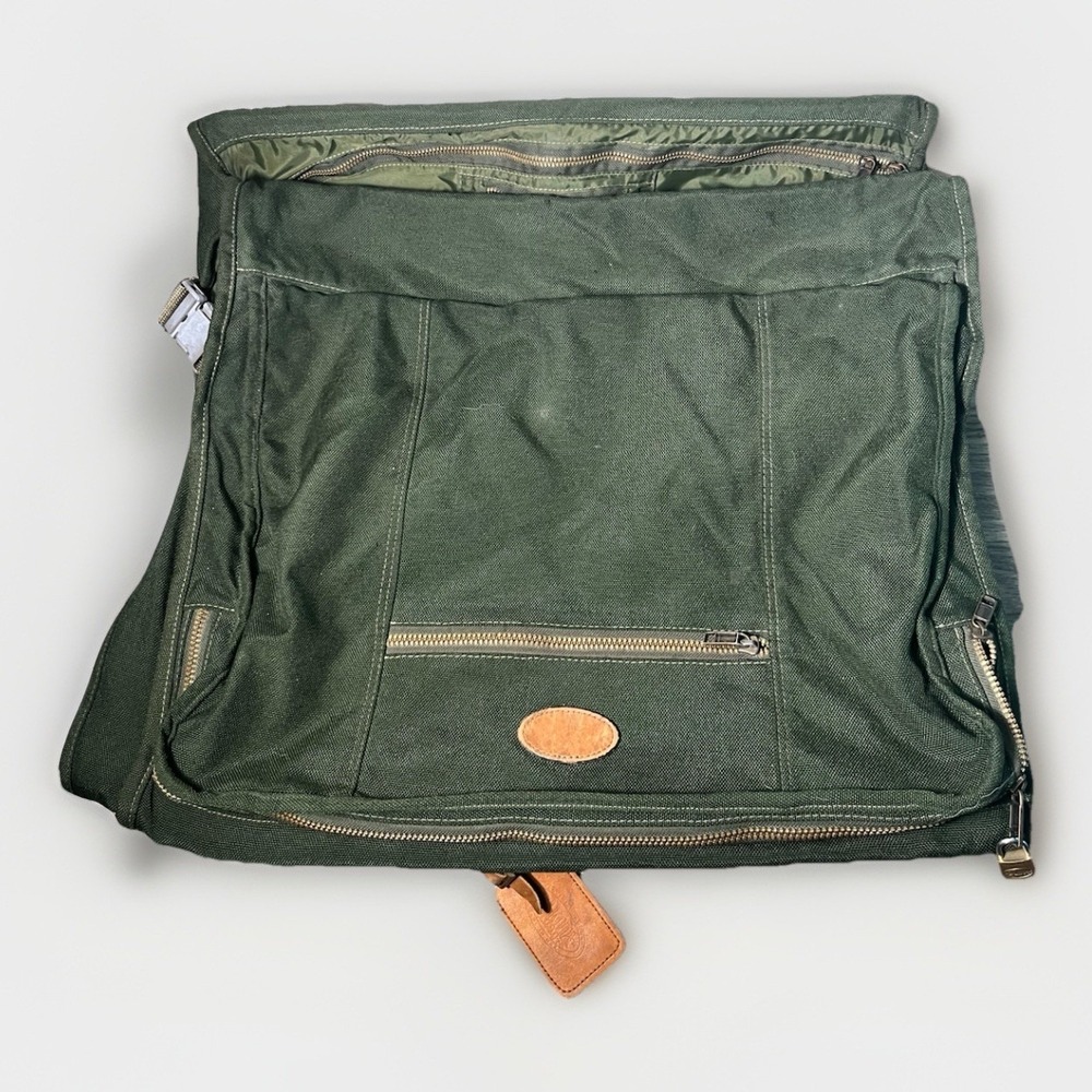 Dakota Tumi Vintage Garment Bag Gree Canvas Brown Leather Trim Classic